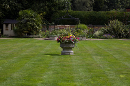 Formal English country garden with planter on lawnの写真素材