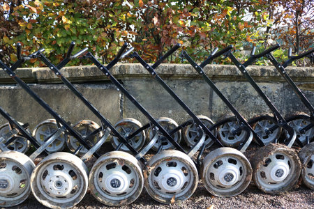 7 November 2020 - England, UK: Golf carts lined up during covid golf ban