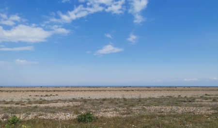 Deserted marshland beach with rough ground in foreground and sea on horizonの写真素材