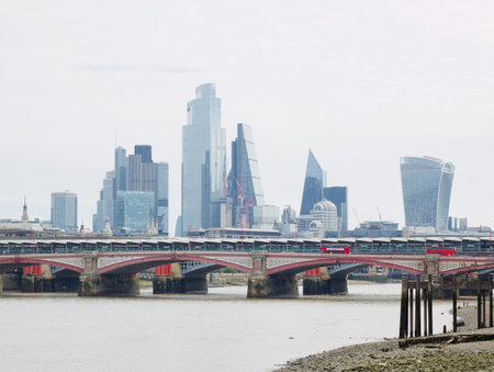 29 May 2021 - London, UK: Blackfriars Bridge over River Thames with skylineのeditorial素材