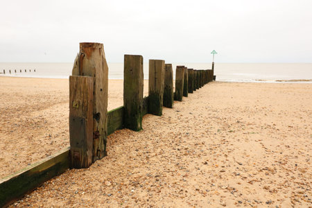 Wooden breakwater leading across stony sand beach to sea on dull day