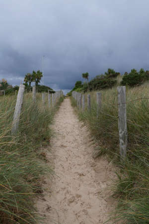 Vertical image of sandy path with simple wire fence either sideの写真素材