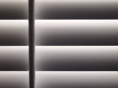 Full frame monochrome image of light shining through plantation shutters