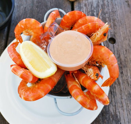 Top view of bucket of large orange prawns with lemon and marie rose sauceの写真素材