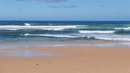 Beautiful beach scene with sand in foreground and rolling waves in backgroundの写真素材