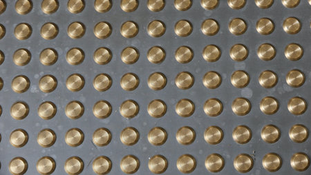 Industrial background view of gold metal studs on grey backdrop
