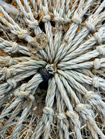 Close up image of knotted string or rope of fishing net or pot