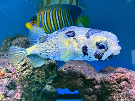 Porcupine Pufferfish Diodon holocanthus in aquariumの写真素材