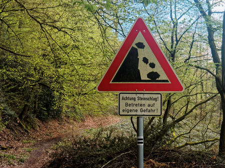 Danger of rock fall at a hiking path in Germany.の写真素材