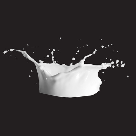 Milk splash vector illustration isolated on black. 3d illustration. Realistic milk crown with drop. Cows, sheeps, goats, soya, rice, oat, coconut milk splash vector illustration, created by mesh toolのイラスト素材