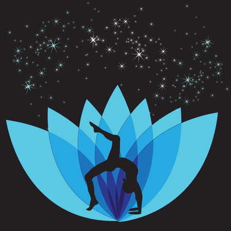 Silhouette young woman practicing yoga. Girl pilates. Vector on abstract backgroundのイラスト素材