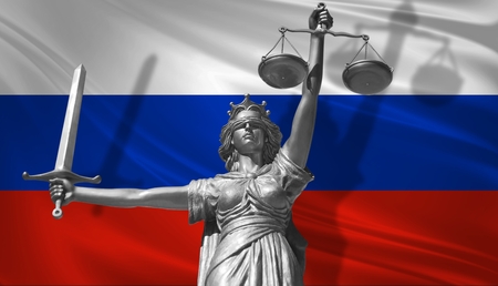 Cover about Law. Statue of god of justice Themis with Flag of Russia background. Original Statue of Justice. Flag, 3d rendering.の写真素材