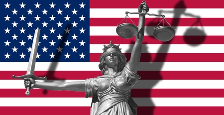 Cover about Law. Statue of god of justice Themis with Flag of USA background. Original Statue of Justice. Femida, with scale, symbol of justice with USA flag 3d rendering.の写真素材