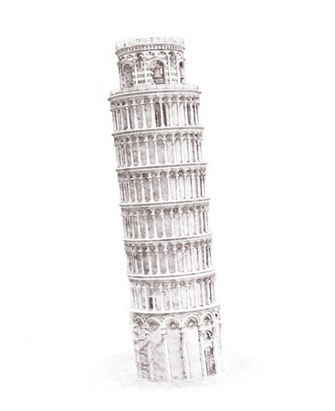 Illustration drawing pencil sketching structure Leaning Tower of Pisa Italy, hand drawn, sketch isolated on white. Watercolor chinese historical showplace for print, souvenirs, postcards, t-shirts, decoration, picture.の写真素材