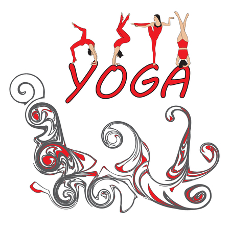 Silhouette young woman practicing yoga. Girl pilates. Vector on abstract background iconのイラスト素材