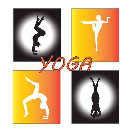 Silhouette young woman practicing yoga. Girl pilates. Vector on abstract background iconのイラスト素材