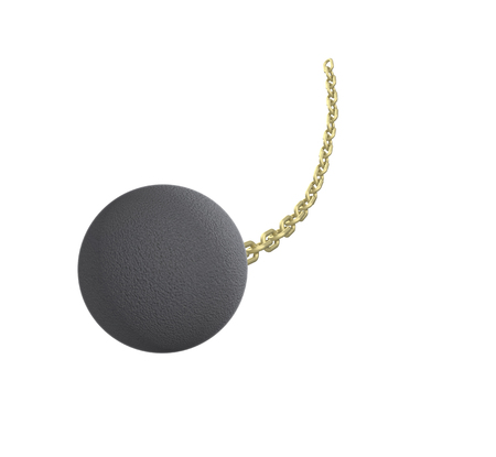 Wrecking ball with gold chain, 3d illustration. Isolated on white background.の写真素材