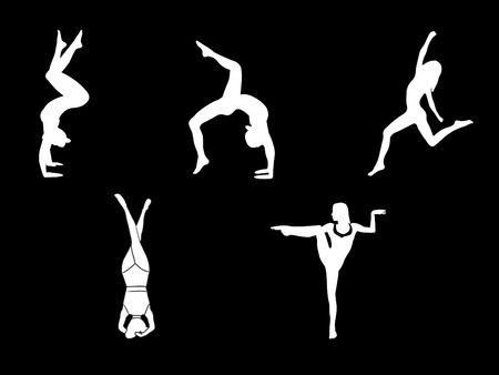 Silhouettes of woman doing yoga exercises. Icons of flexible girl stretching and relaxing her body in different yoga poses. Colorful shapes of a woman isolated on white backgroundのイラスト素材