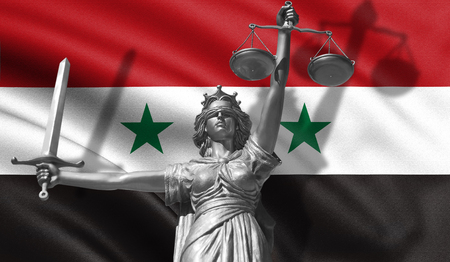 Cover about Law. Statue of god of justice Themis with Flag of Syria background. Original Statue of Justice. Femida, with scale, symbol of justice with waving Syria flag, 3d rendering. - Illustrationの写真素材