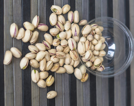 Healthy food  for background image close up pistachios nuts. Texture on top view Nuts pistachio on...