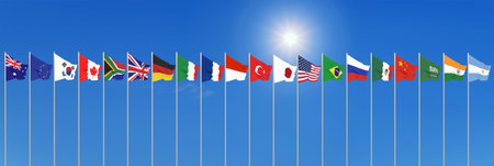 Waving flags countries of members Group of Twenty. Big G20 in Japan in 2020 . Blue sky background....
