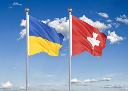 Ukraine vs Switzerland. Thick colored silky flags of Ukraine and Switzerland. 3D illustration on sky background. â Illustrationの写真素材