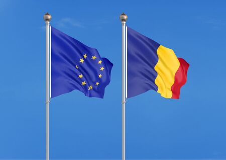 European Union vs Romania. Thick colored silky flags of European Union and Romania. 3D illustration on sky background. - Illustrationの写真素材