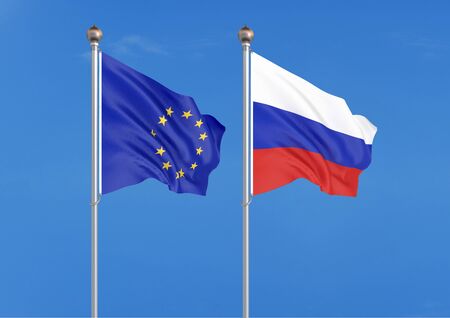 European Union vs Russia. Thick colored silky flags of European Union and Russiaの写真素材
