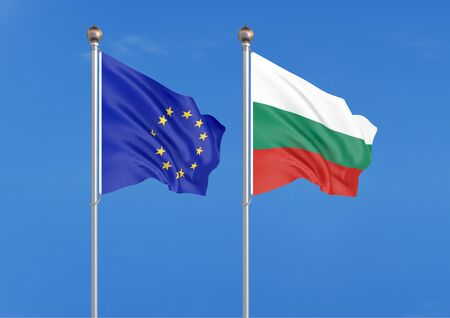 European Union vs Bulgaria. Thick colored silky flags of European Union and Bulgaria. 3D illustration on sky background. - Illustrationの写真素材