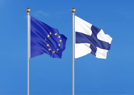 European Union vs Finland. Thick colored silky flags of European Union and Finland. 3D illustration on sky background. - Illustrationの写真素材