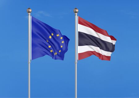 European Union vs Thailand. Thick colored silky flags of European Union and Israel. 3D illustration on sky background. â Illustrationの写真素材