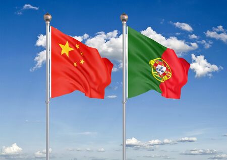 China vs Portugal. Thick colored silky flags of European Union and Belgium. 3D illustration on sky background. â Illustrationの写真素材