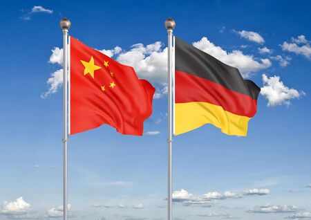 China vs Germany. Thick colored silky flags of European Union and Belgium. 3D illustration on sky background. â Illustrationの写真素材