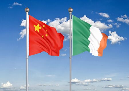 China vs Ireland. Thick colored silky flags of European Union and Belgium. 3D illustration on sky background. â Illustrationの写真素材