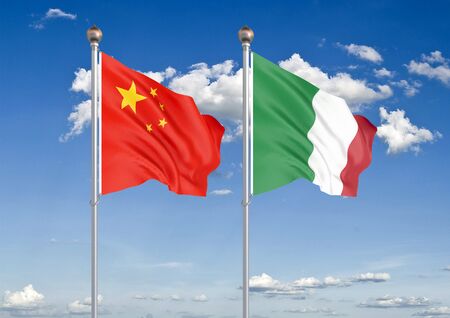 China vs Italy. Thick colored silky flags of European Union and Belgium. 3D illustration on sky background. â Illustrationの写真素材