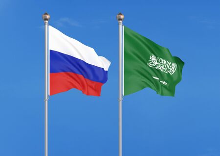 Russia vs Saudi Arabia. Thick colored silky flags of Russia and Saudi Arabia. 3D illustration on sky background. â Illustrationの写真素材