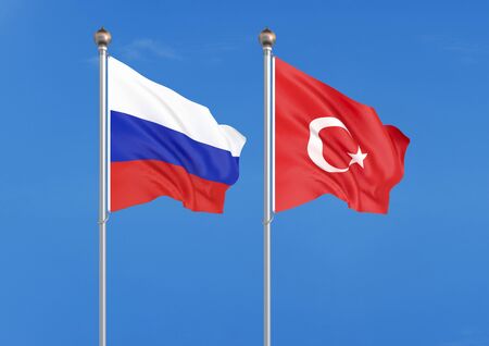 Russia vs Turkey. Thick colored silky flags of Russia and Turkey. 3D illustration on sky background. â Illustrationの写真素材