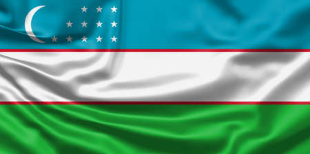 Realistic flag. Uzbekistan flag blowing in the wind. Background silk texture. 3d illustration.の写真素材