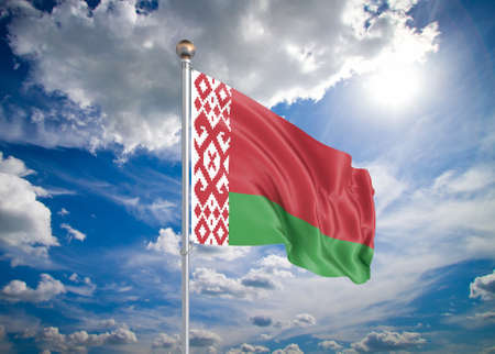 Realistic flag. 3D illustration. Colored waving flag of Belarus on sunny blue sky background.の写真素材