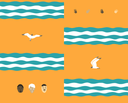 Hand drawn vector abstract graphic cartoon summer time collection flat illustrations seamless pattern with boys at the sunset at sea with sea gulls and hands isolated on yellow background.のイラスト素材