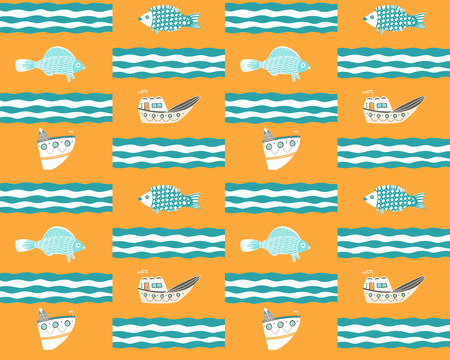 Seamless yellow background with ships, fish and waves. Cute seamless vector pattern background with vessel and fishesのイラスト素材