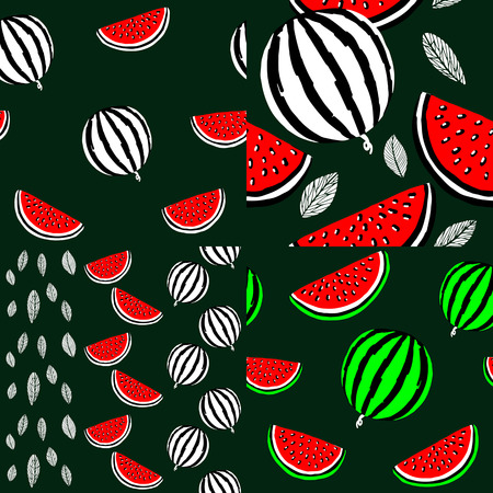 Four seamless background with watermelons. Seamless background with watermelon slices. Vector illustration.のイラスト素材