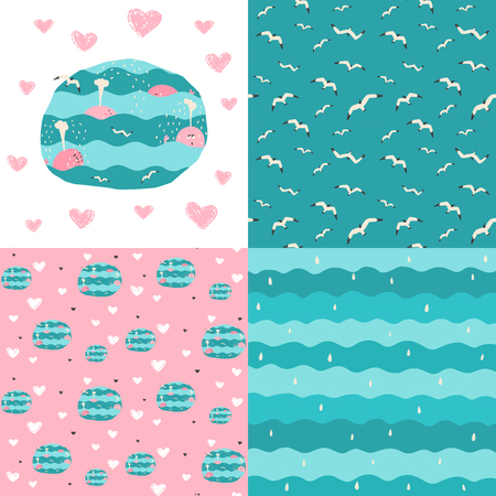 Cute romantic background with hearts. Sea theme with whales and seagulls. Marine elements in turquoise and pink. Seamless romantic background. Cute background with loveのイラスト素材