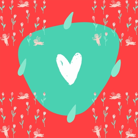 Red background with tulips and angels.の写真素材