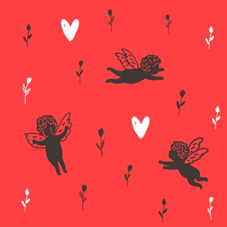 Red background with tulips and angels.の写真素材