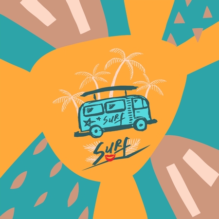 Blue background with palm trees and bus template. Abstract summer backgroundのイラスト素材
