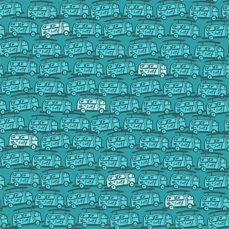 Summer blue background with bus. Summer bus. Coffee machine. Summer background. Sticker of summer elements. Sticker of bus. Seamless bus backgroundのイラスト素材