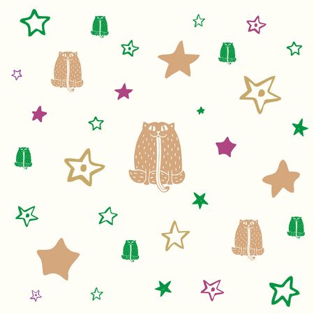 Kitty logo. Cats brochure. Cats with stars on the white background. Big cat with little cats with stars around. Paper background. Textile patternのイラスト素材