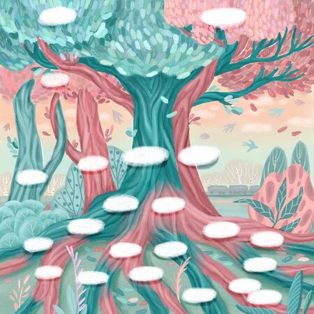 Genealogical tree. Family trees. Ancestral Tree. Blue and pink. Pink tree. Birds fly around trees. Sunset in the forest.の写真素材