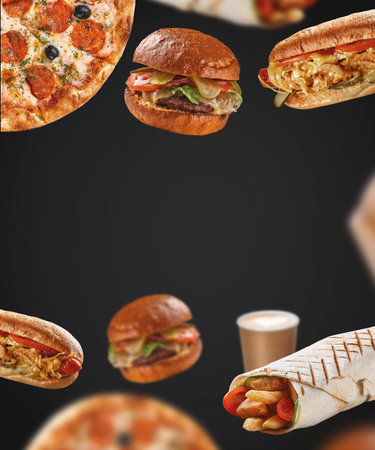 Burger on black background. Street food and coffee. Hot Dog and pizza. Empty black frame for...